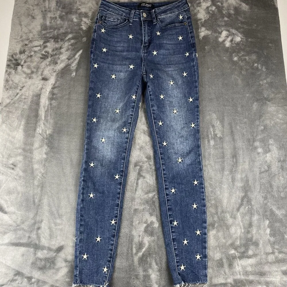 Judy Blue Jeans Womans 1/25 Star Embroidery High-Rise Skinny Raw Hem Whiskers - Picture 1 of 12